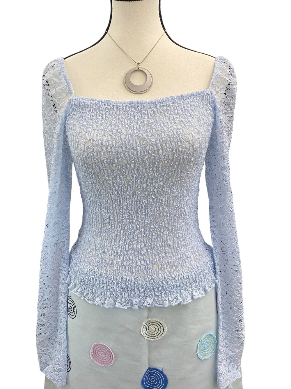 Revamped Blue Fitted Smocked Top Size M EUC light blue lace